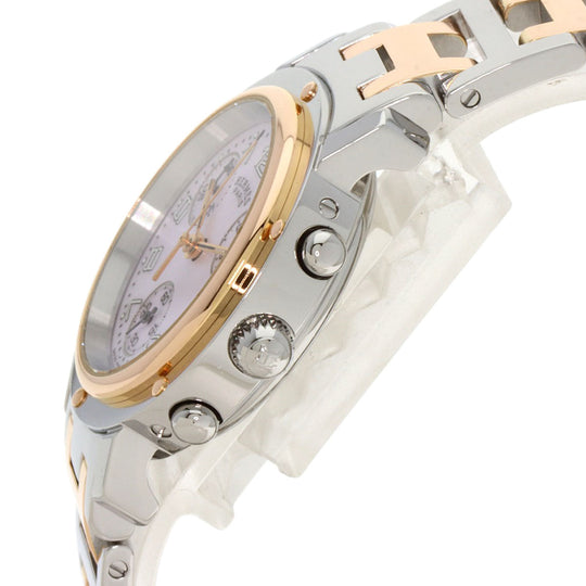 HERMES Watches Quartz CL1.321 Stainless Steel , SSxPGP gold Clipper Chronograph New Buckle Pink shell dial Women Used Authentic