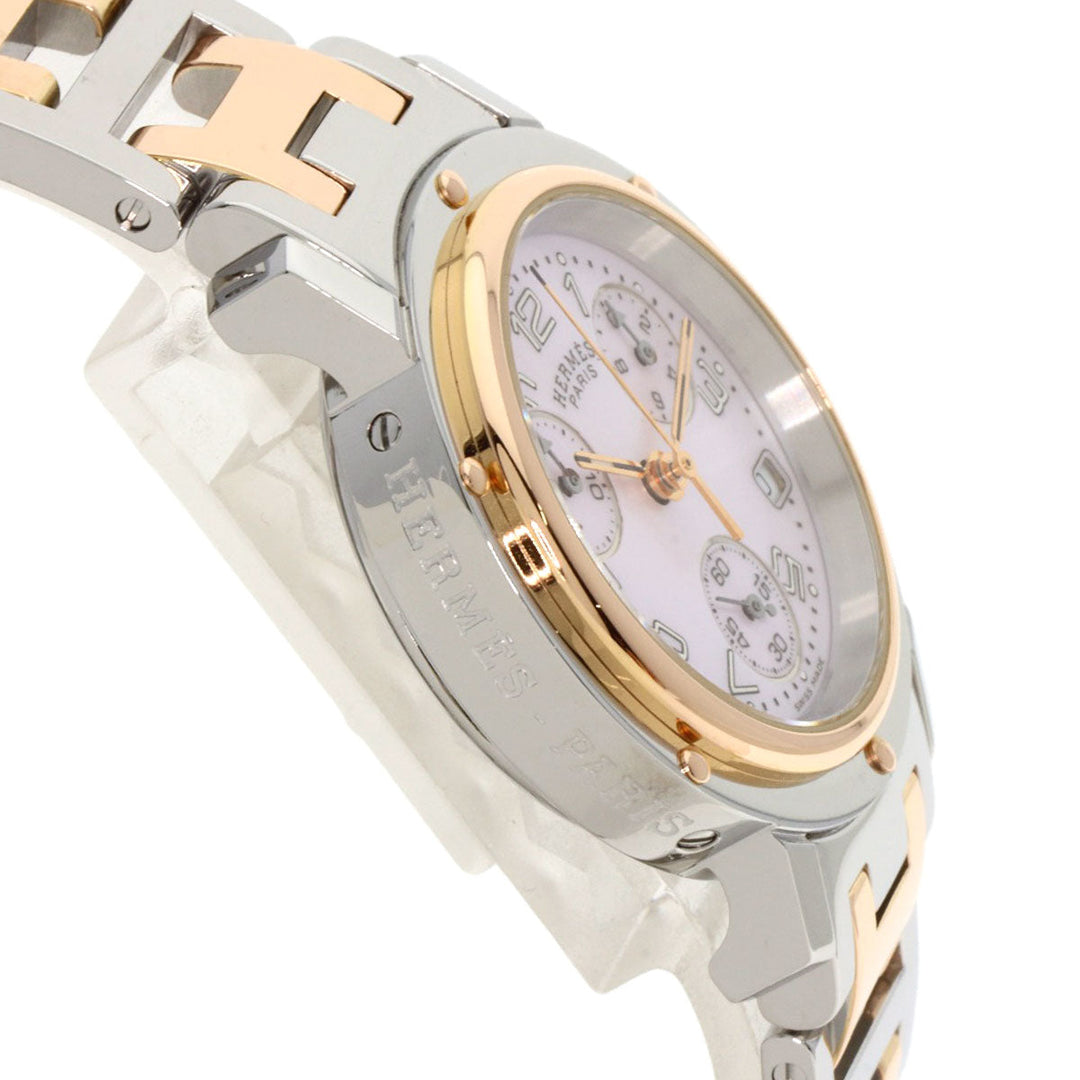 HERMES Watches Quartz CL1.321 Stainless Steel , SSxPGP gold Clipper Chronograph New Buckle Pink shell dial Women Used Authentic