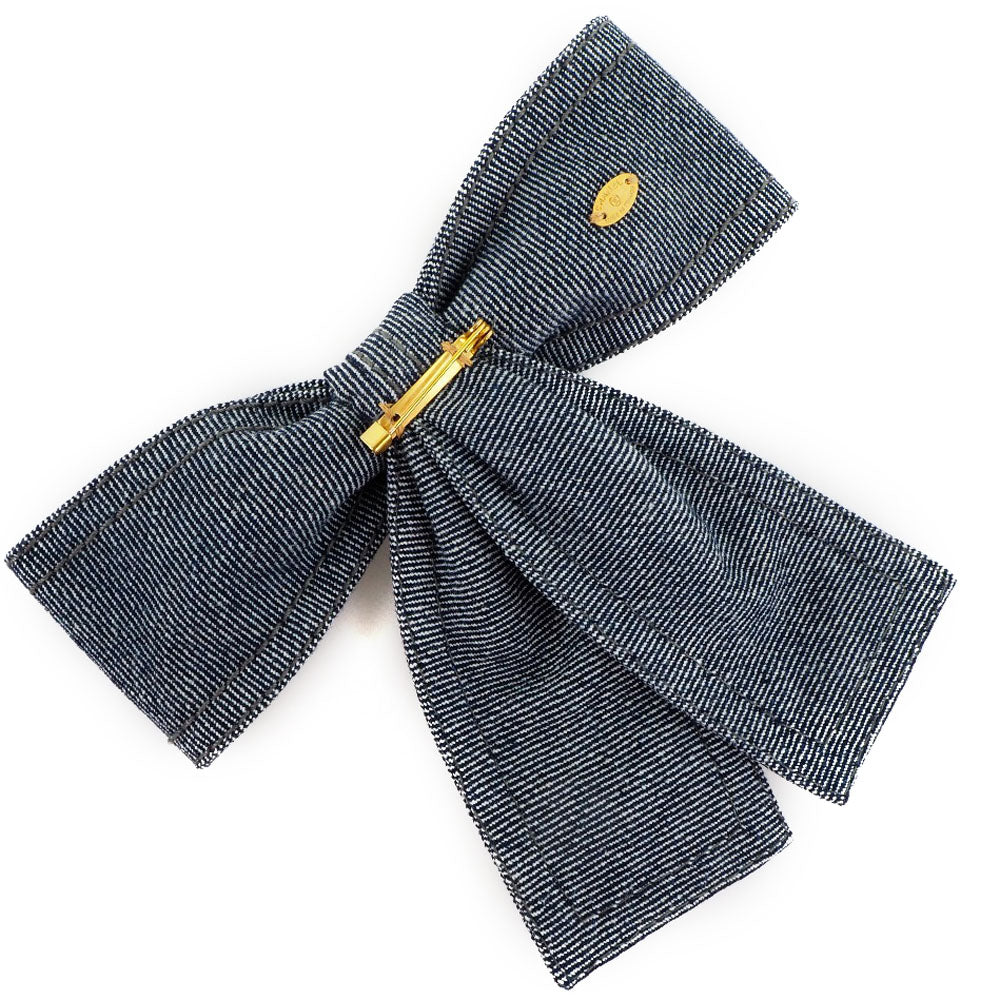 CHANEL Brooch Cotton denim Blue ribbon Women Used Authentic
