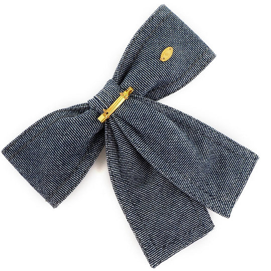 CHANEL Brooch Cotton denim Blue ribbon Women Used Authentic