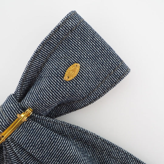 CHANEL Brooch Cotton denim Blue ribbon Women Used Authentic