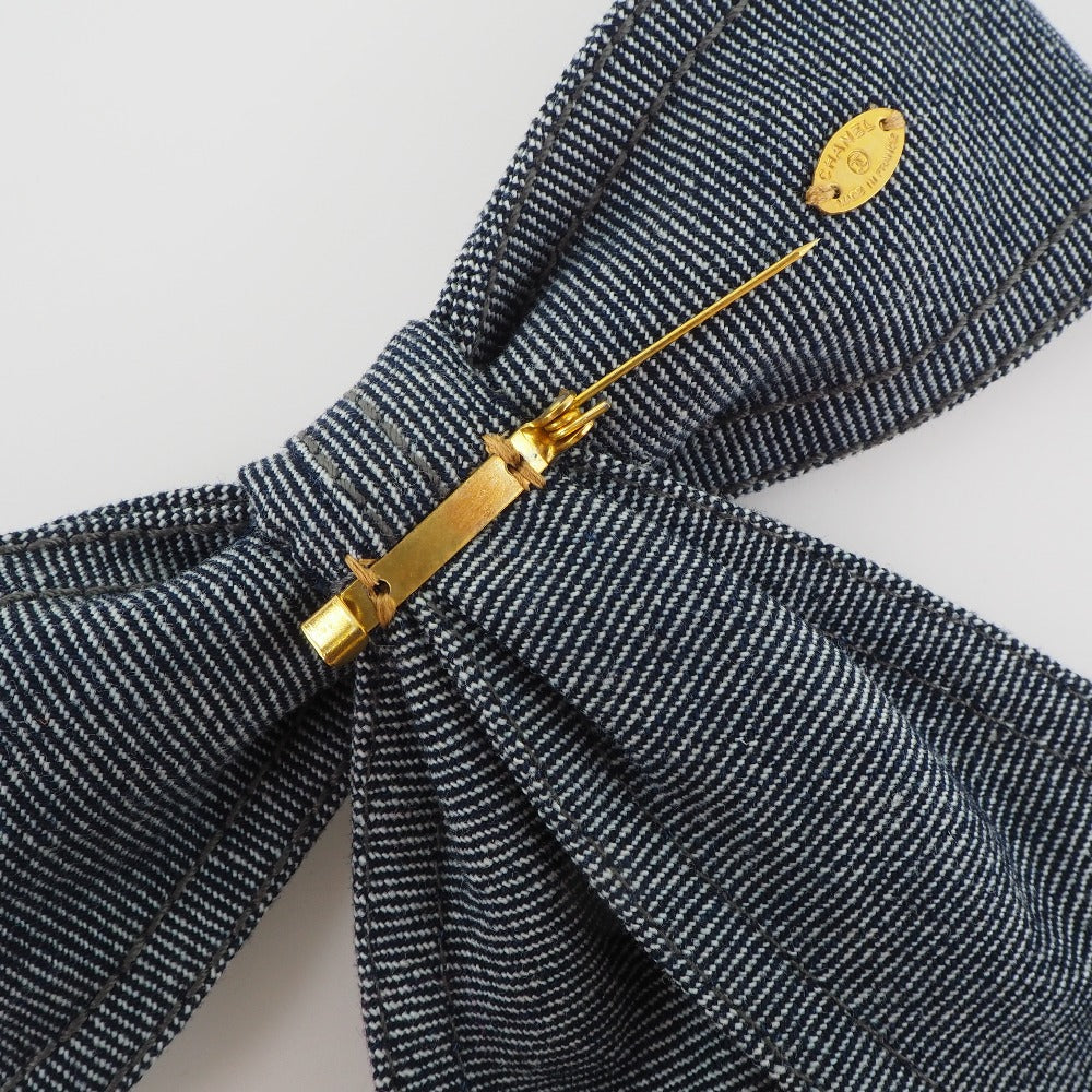 CHANEL Brooch Cotton denim Blue ribbon Women Used Authentic
