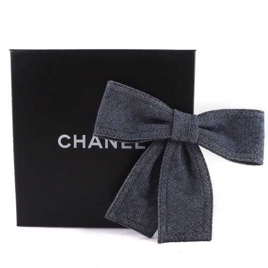 CHANEL Brooch Cotton denim Blue ribbon Women Used Authentic