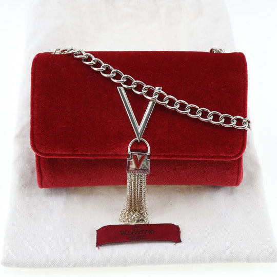 Valentino Shoulder Bag velvet Red Tassel ChainShoulder Divina Women Used Authentic