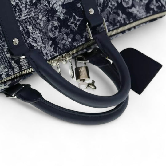 Louis Vuitton Monogram Tapestry Keepall Bandouliere 50 Boston Bag Blue Denim Unisex Travel Handbag