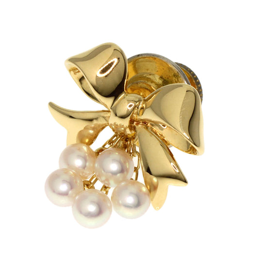 MIKIMOTO Brooch 18K Yellow Gold gold Pearl Ribbon Pin Brooch Women Used Authentic