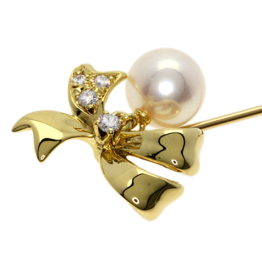 MIKIMOTO Brooch 18K Yellow Gold gold Pearl Diamond Pin Brooch Women Used Authentic