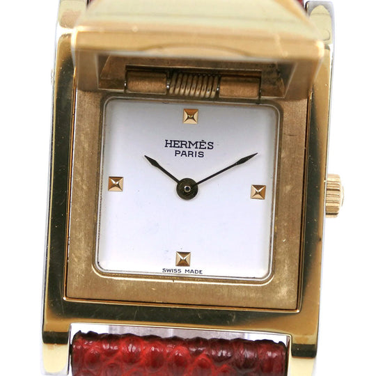 HERMES Watches Quartz Plated Gold , Leather gold Medor White dial Women Used Authentic
