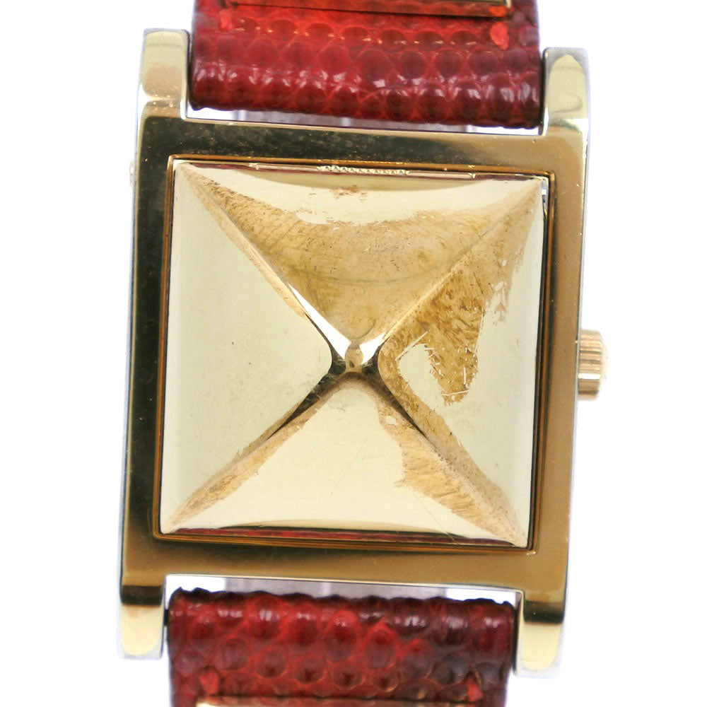 HERMES Watches Quartz Plated Gold , Leather gold Medor White dial Women Used Authentic