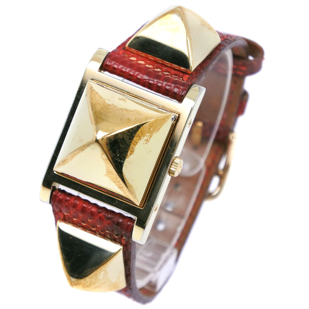 HERMES Watches Quartz Plated Gold , Leather gold Medor White dial Women Used Authentic