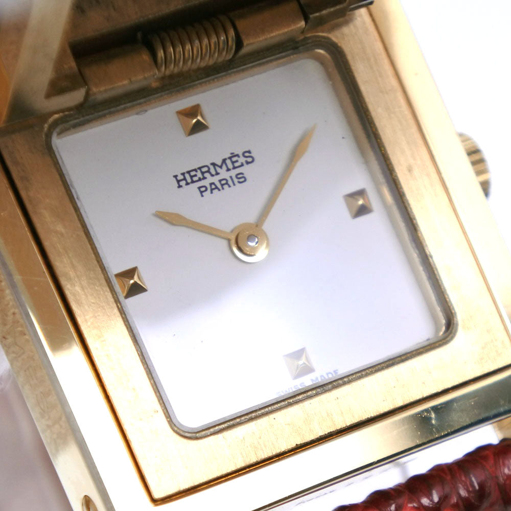 HERMES Watches Quartz Plated Gold , Leather gold Medor White dial Women Used Authentic