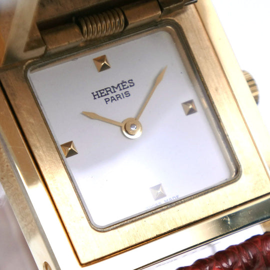 HERMES Watches Quartz Plated Gold , Leather gold Medor White dial Women Used Authentic