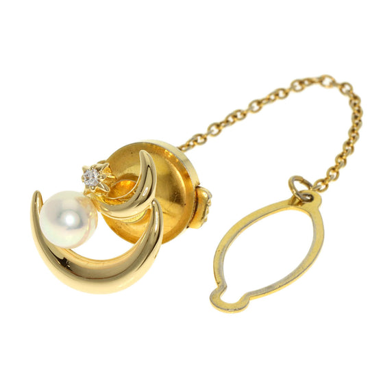 MIKIMOTO Brooch 18K Yellow Gold gold Pearl Diamond Moon Motif Women Used Authentic