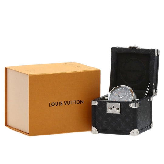 LOUIS VUITTON Table clock Quartz Q1Q030 Stainless Steel, Monogram Eclipse Canvas Silver Tambour Dual Time Table Clock Trunk black dial mens(Unisex) Used Authentic
