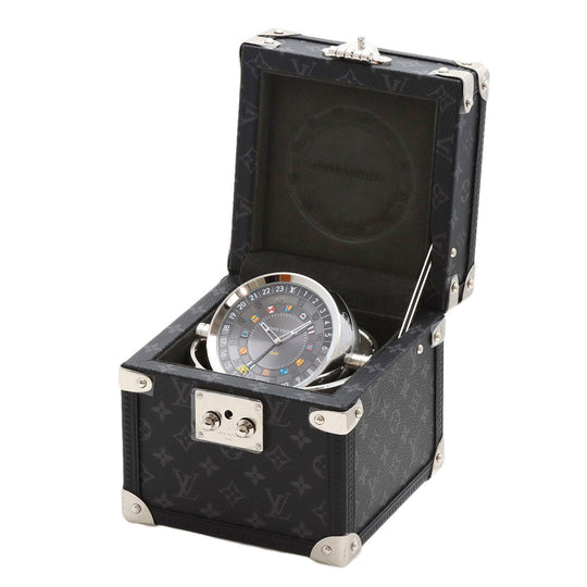 LOUIS VUITTON Table clock Quartz Q1Q030 Stainless Steel, Monogram Eclipse Canvas Silver Tambour Dual Time Table Clock Trunk black dial mens(Unisex) Used Authentic