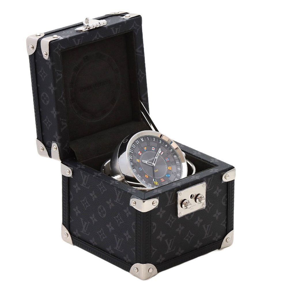 LOUIS VUITTON Table clock Quartz Q1Q030 Stainless Steel, Monogram Eclipse Canvas Silver Tambour Dual Time Table Clock Trunk black dial mens(Unisex) Used Authentic