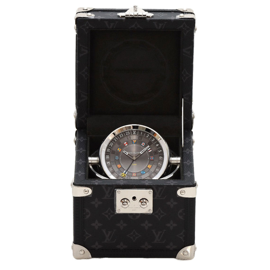 LOUIS VUITTON Table clock Quartz Q1Q030 Stainless Steel, Monogram Eclipse Canvas Silver Tambour Dual Time Table Clock Trunk black dial mens(Unisex) Used Authentic