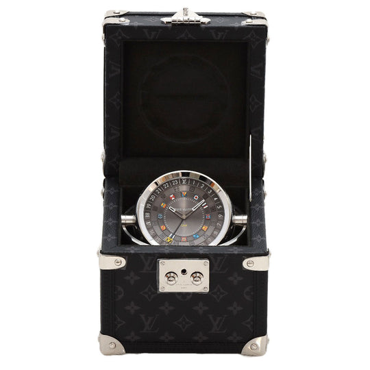LOUIS VUITTON Table clock Quartz Q1Q030 Stainless Steel, Monogram Eclipse Canvas Silver Tambour Dual Time Table Clock Trunk black dial mens(Unisex) Used Authentic