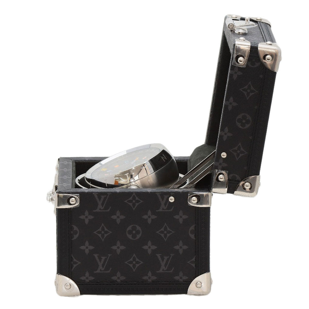 LOUIS VUITTON Table clock Quartz Q1Q030 Stainless Steel, Monogram Eclipse Canvas Silver Tambour Dual Time Table Clock Trunk black dial mens(Unisex) Used Authentic