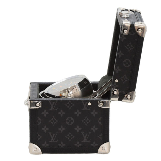 LOUIS VUITTON Table clock Quartz Q1Q030 Stainless Steel, Monogram Eclipse Canvas Silver Tambour Dual Time Table Clock Trunk black dial mens(Unisex) Used Authentic
