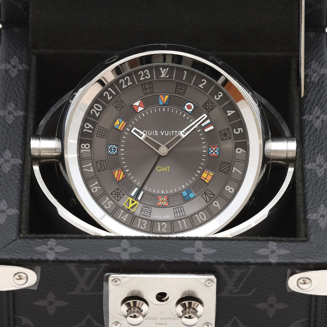 LOUIS VUITTON Table clock Quartz Q1Q030 Stainless Steel, Monogram Eclipse Canvas Silver Tambour Dual Time Table Clock Trunk black dial mens(Unisex) Used Authentic