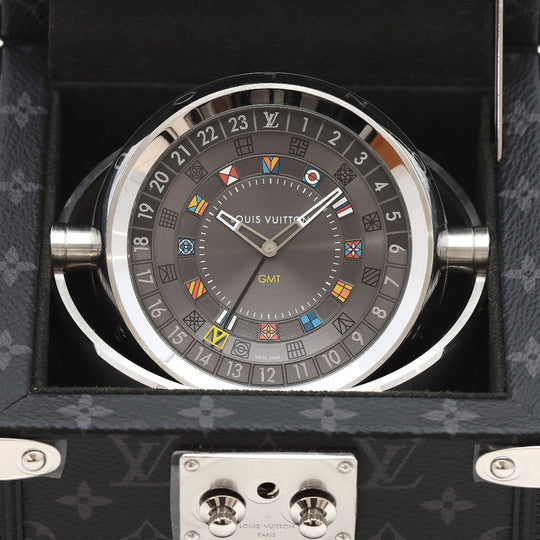 LOUIS VUITTON Table clock Quartz Q1Q030 Stainless Steel, Monogram Eclipse Canvas Silver Tambour Dual Time Table Clock Trunk black dial mens(Unisex) Used Authentic