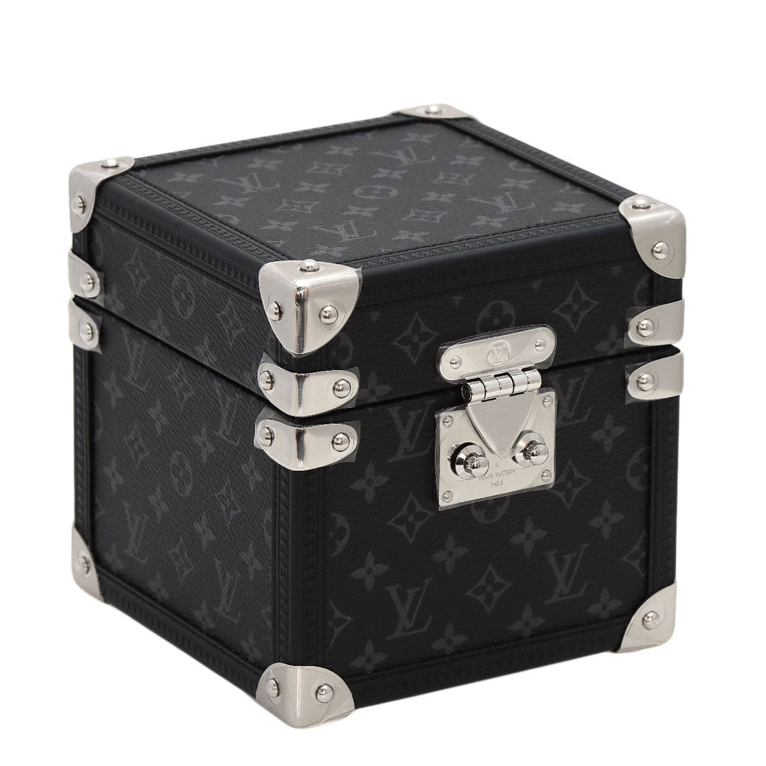 LOUIS VUITTON Table clock Quartz Q1Q030 Stainless Steel, Monogram Eclipse Canvas Silver Tambour Dual Time Table Clock Trunk black dial mens(Unisex) Used Authentic