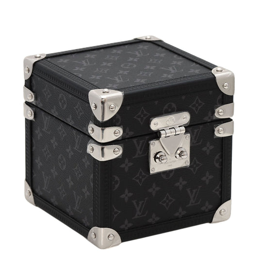 LOUIS VUITTON Table clock Quartz Q1Q030 Stainless Steel, Monogram Eclipse Canvas Silver Tambour Dual Time Table Clock Trunk black dial mens(Unisex) Used Authentic