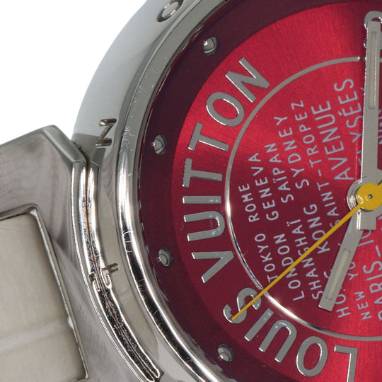 LOUIS VUITTON Watches Quartz Q121N Stainless Steel, Leather Silver Tambour TRUNKS&BAGS Red dial Women Used Authentic