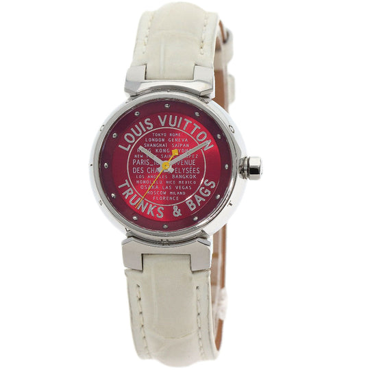 LOUIS VUITTON Watches Quartz Q121N Stainless Steel, Leather Silver Tambour TRUNKS&BAGS Red dial Women Used Authentic