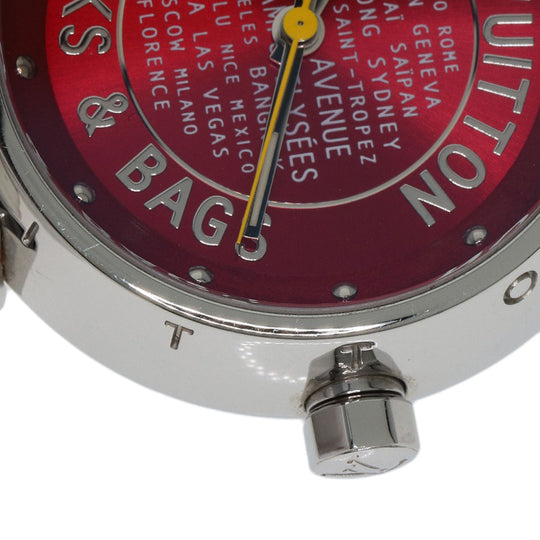 LOUIS VUITTON Watches Quartz Q121N Stainless Steel, Leather Silver Tambour TRUNKS&BAGS Red dial Women Used Authentic