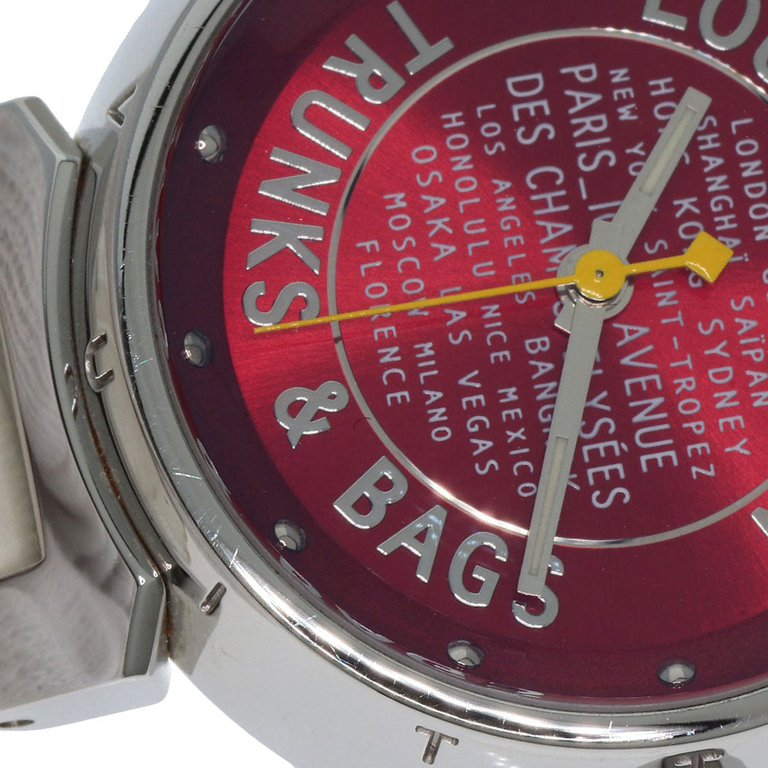 LOUIS VUITTON Watches Quartz Q121N Stainless Steel, Leather Silver Tambour TRUNKS&BAGS Red dial Women Used Authentic