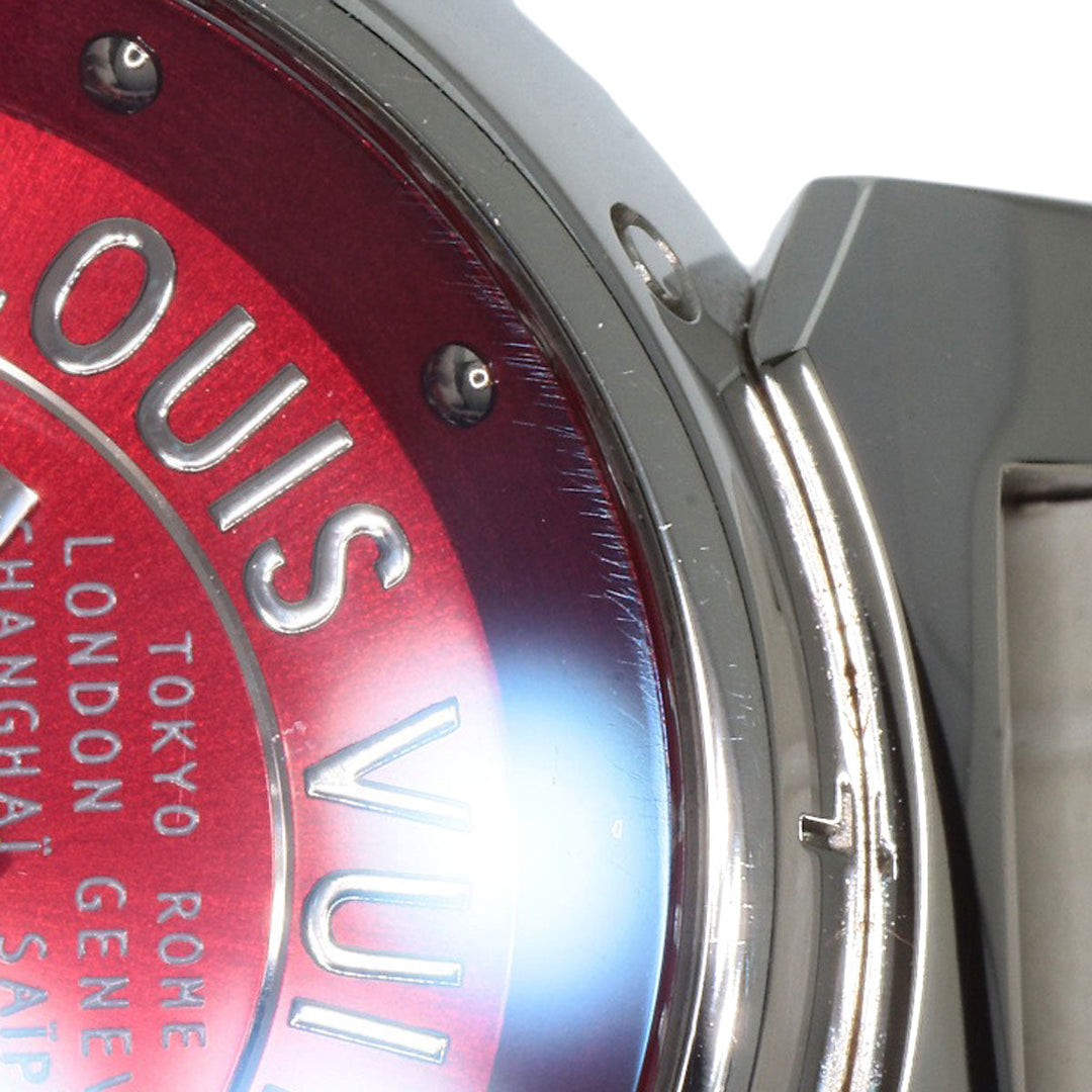 LOUIS VUITTON Watches Quartz Q121N Stainless Steel, Leather Silver Tambour TRUNKS&BAGS Red dial Women Used Authentic