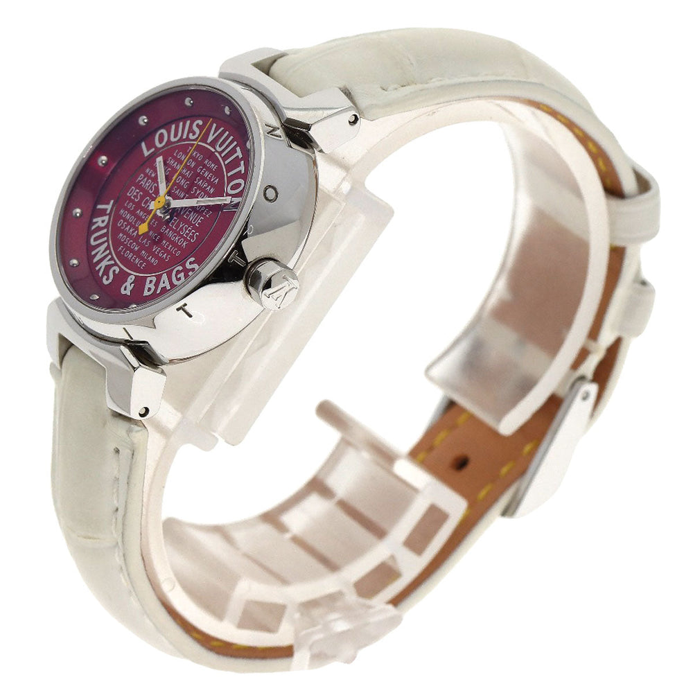 LOUIS VUITTON Watches Quartz Q121N Stainless Steel, Leather Silver Tambour TRUNKS&BAGS Red dial Women Used Authentic