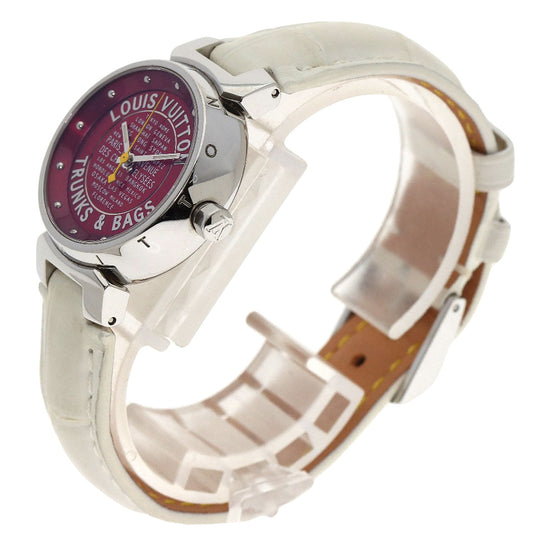 LOUIS VUITTON Watches Quartz Q121N Stainless Steel, Leather Silver Tambour TRUNKS&BAGS Red dial Women Used Authentic