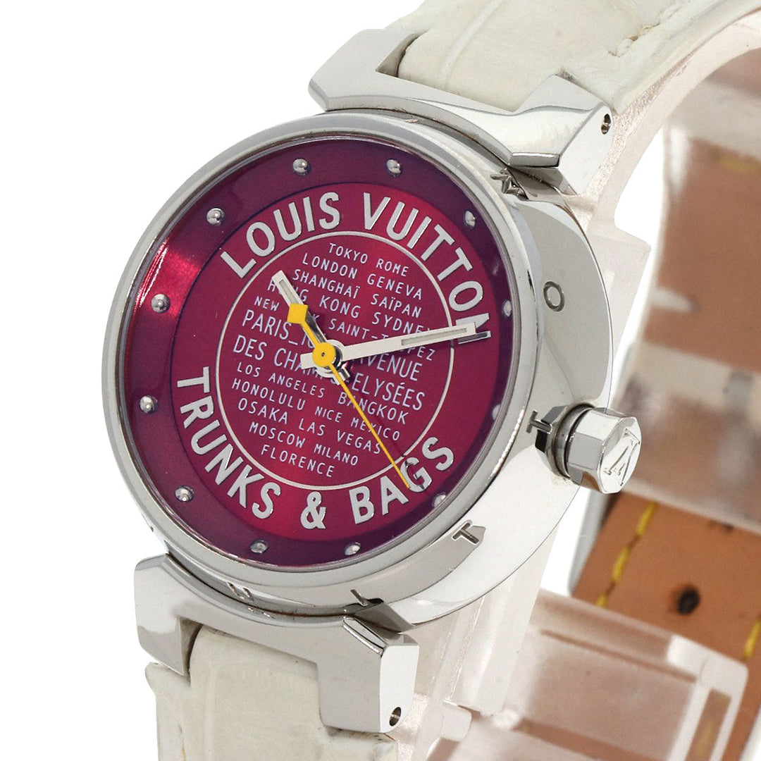 LOUIS VUITTON Watches Quartz Q121N Stainless Steel, Leather Silver Tambour TRUNKS&BAGS Red dial Women Used Authentic