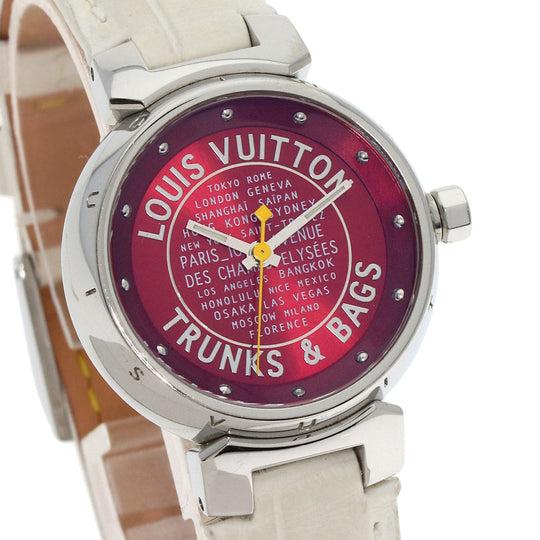LOUIS VUITTON Watches Quartz Q121N Stainless Steel, Leather Silver Tambour TRUNKS&BAGS Red dial Women Used Authentic