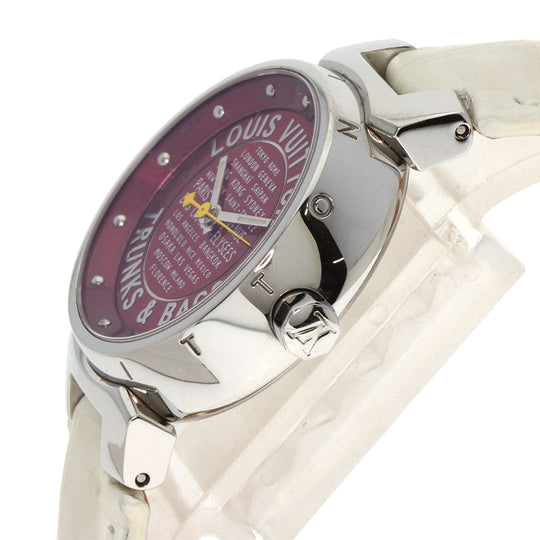 LOUIS VUITTON Watches Quartz Q121N Stainless Steel, Leather Silver Tambour TRUNKS&BAGS Red dial Women Used Authentic