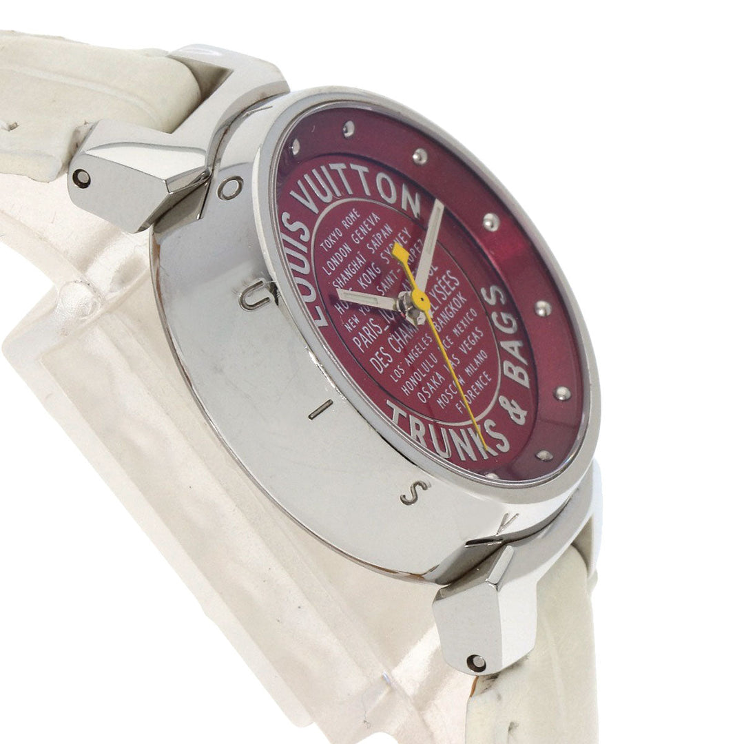 LOUIS VUITTON Watches Quartz Q121N Stainless Steel, Leather Silver Tambour TRUNKS&BAGS Red dial Women Used Authentic