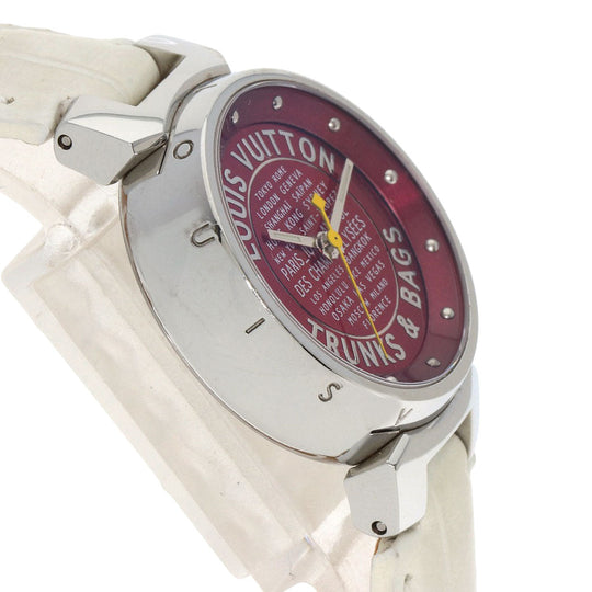LOUIS VUITTON Watches Quartz Q121N Stainless Steel, Leather Silver Tambour TRUNKS&BAGS Red dial Women Used Authentic