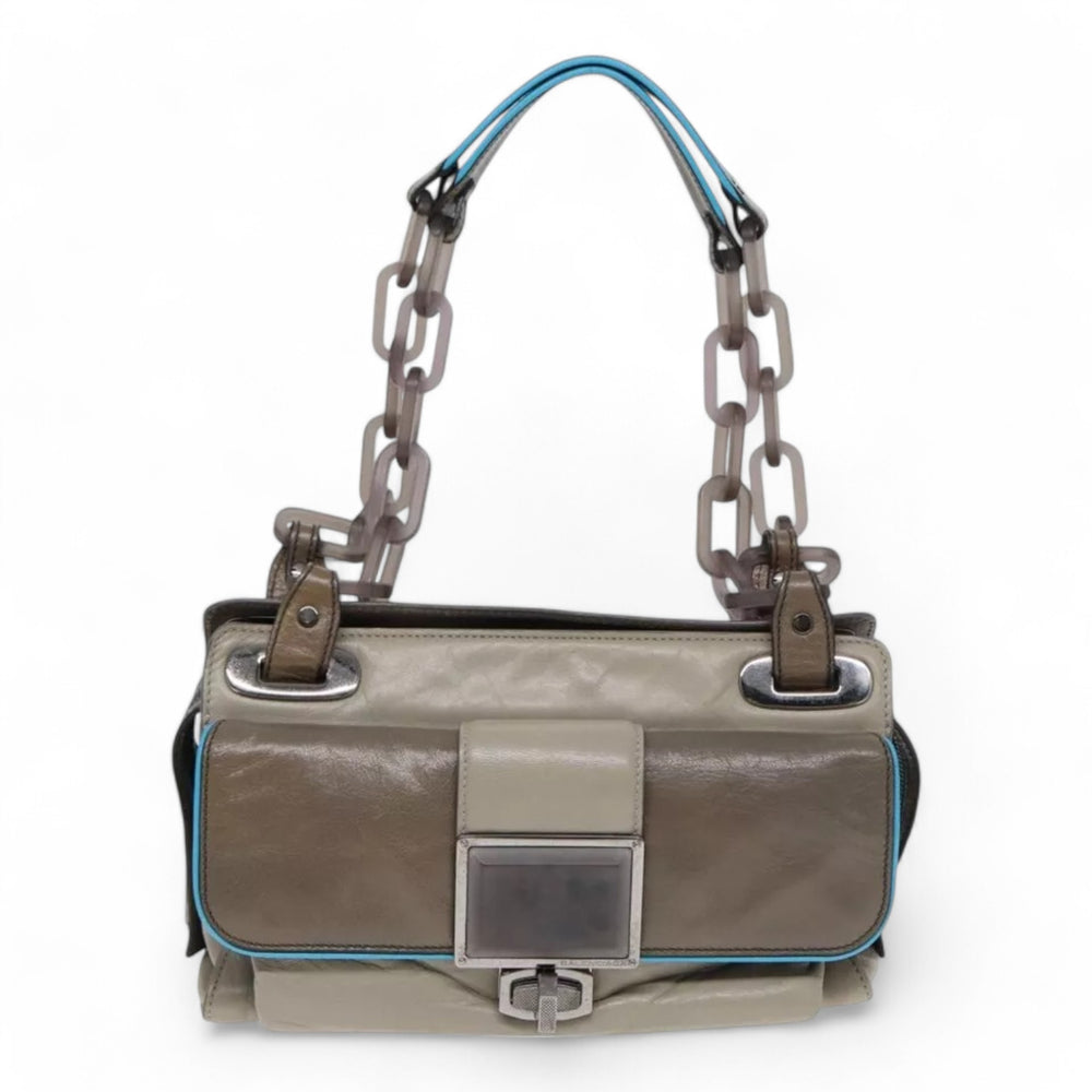 Balenciaga Turn Lock Chain Shoulder Bag Leather Beige Gray Silver