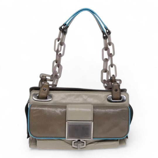 Balenciaga Turn Lock Chain Shoulder Bag Leather Beige Gray Silver