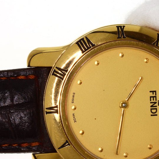 FENDI Watches Quartz 850G Gold Plated, Leather gold Round face gold dial mens Used Authentic