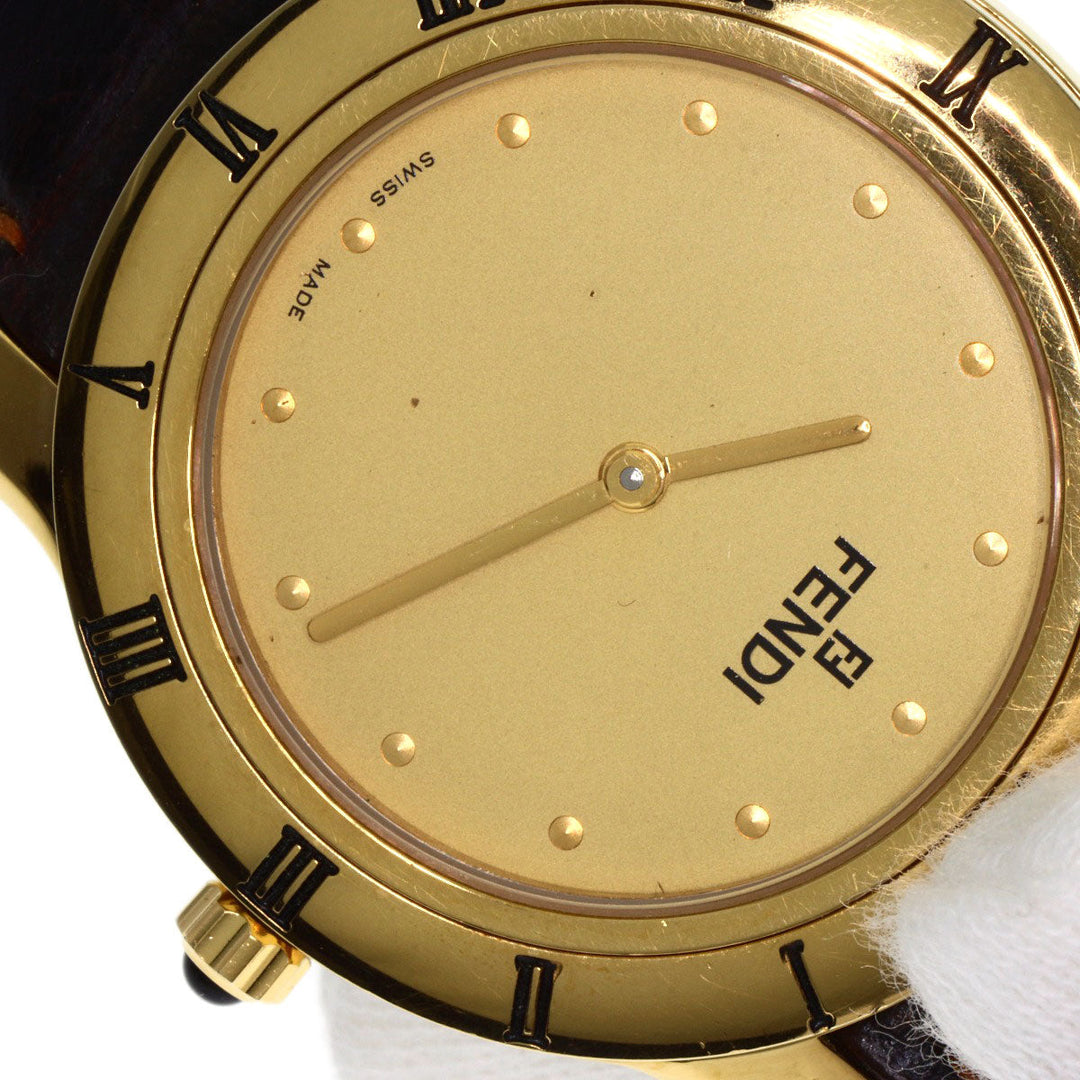 FENDI Watches Quartz 850G Gold Plated, Leather gold Round face gold dial mens Used Authentic