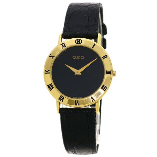GUCCI Watches Quartz 3000.2M Gold Plated, Leather gold Round face black dial mens Used Authentic