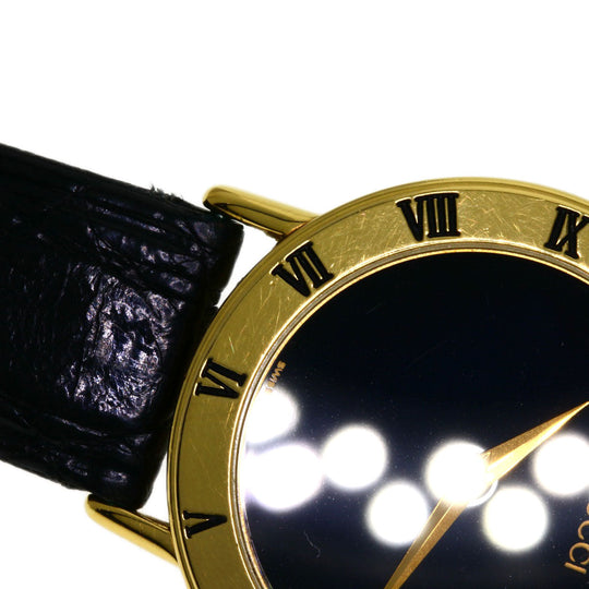 GUCCI Watches Quartz 3000.2M Gold Plated, Leather gold Round face black dial mens Used Authentic