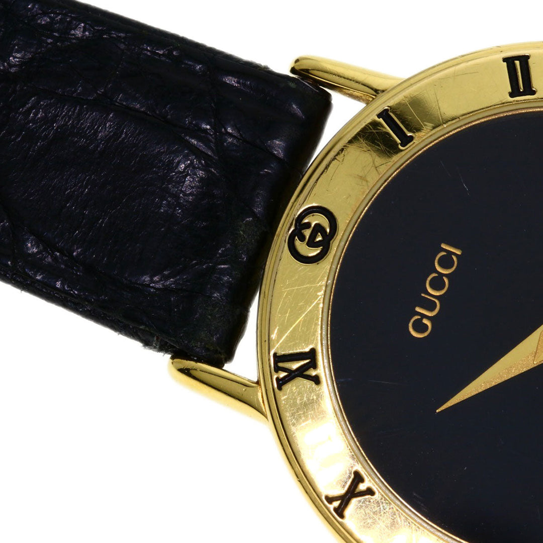 GUCCI Watches Quartz 3000.2M Gold Plated, Leather gold Round face black dial mens Used Authentic