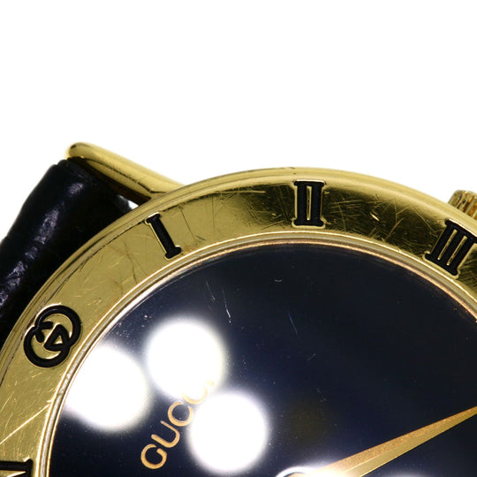 GUCCI Watches Quartz 3000.2M Gold Plated, Leather gold Round face black dial mens Used Authentic