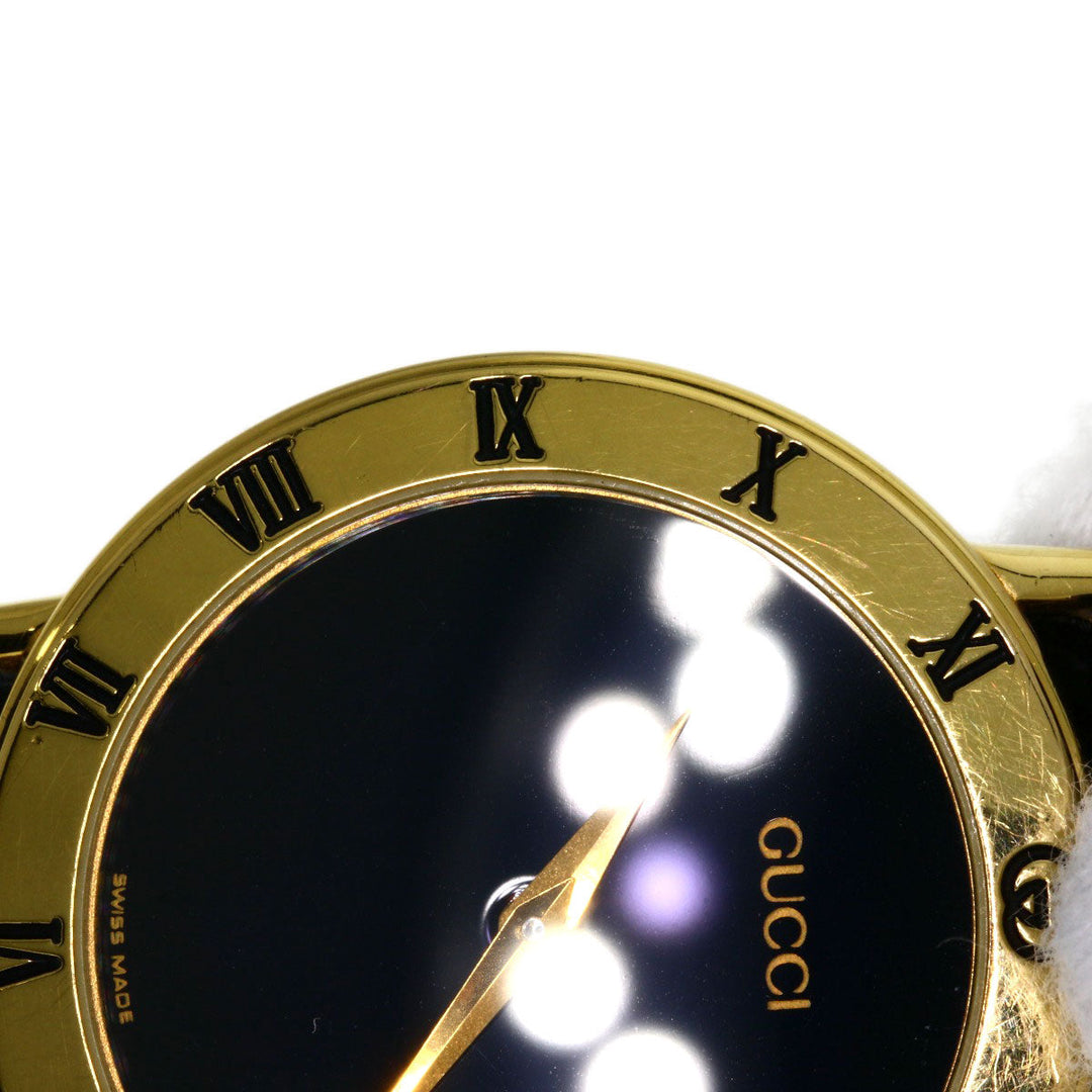 GUCCI Watches Quartz 3000.2M Gold Plated, Leather gold Round face black dial mens Used Authentic