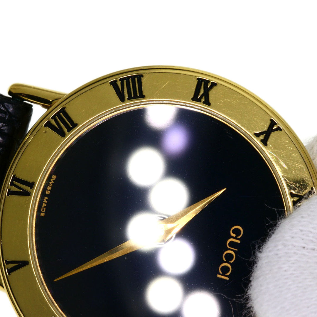 GUCCI Watches Quartz 3000.2M Gold Plated, Leather gold Round face black dial mens Used Authentic